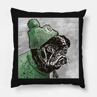 What the Pug? Grumpy  Pug in Green Woolly Hat and Jumper Pillow