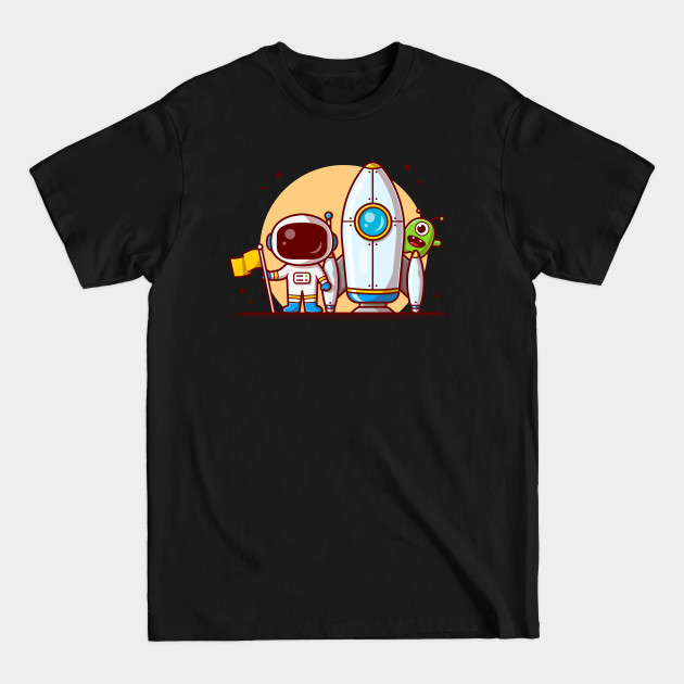 Disover Cute Astronaut Standing Holding Flag with Rocket and Cute Alien Space Cartoon Vector Icon Illustration - Astronaut - T-Shirt