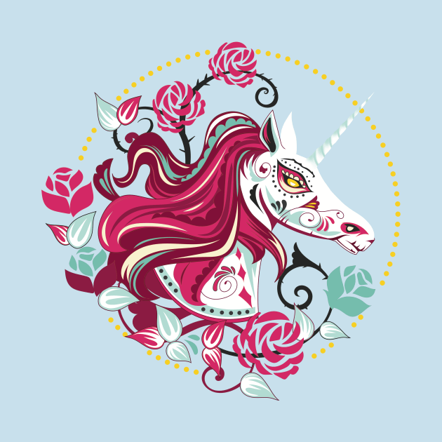 Day Of The Dead Sugar Skull Unicorn With Roses by LittleBunnySunshine