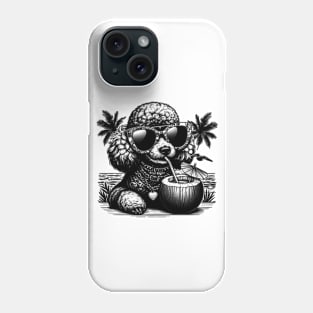 poodle dog wearing sunglasses drinking a coconut drink on a tropical beach Phone Case