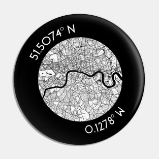 London Coordinates (latitude and longitude) in white text around map of London Pin