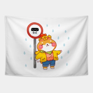 Rainy Day on Bus Stop Shiba Inu Tapestry