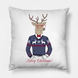 Hand Drawn Vector Illustration of Deer Hipster in Jacquard Sweater Pillow