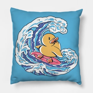 Funny Surfing Rubber Ducky Great Wave Japanese Illustration Pillow