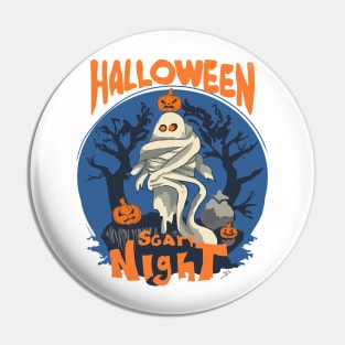 Scary night with a ghost and pumpkins, retro halloween Pin