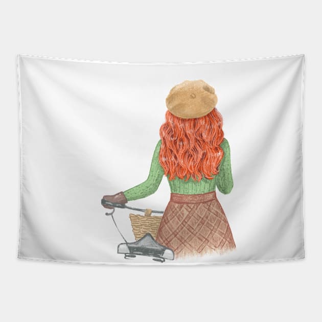 Red Hair Girl with A Bike Tapestry by labatchino