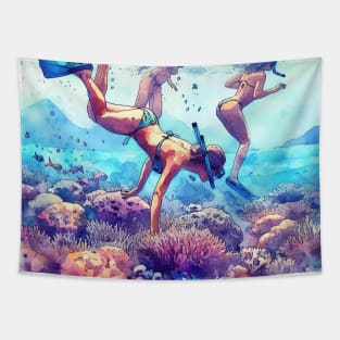 Artistic illustration of a beach scene from underwater Tapestry