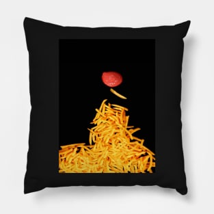 Fries and tomato sauce black background. Pillow