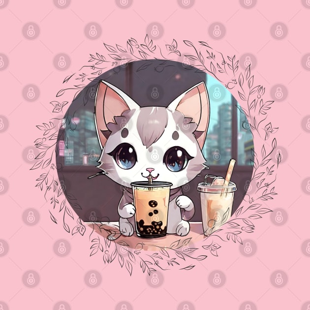 Cute grey and white cartoon cat drinking Boba by vwagenet