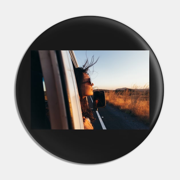 Road Tripping - Beautiful Woman Sticking Head Outside Car Window While Driving Pin by visualspectrum