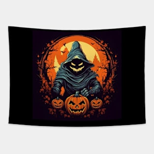 scary witch with pumpkins, halloween design Tapestry