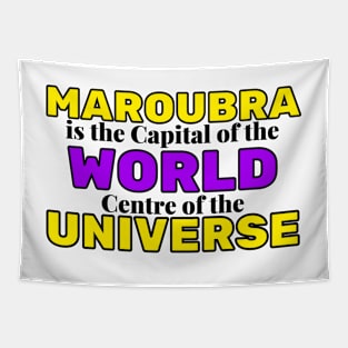 MAROUBRA IS THE CAPITAL OF THE WORLD, CENTRE OF THE UNIVERSE - LIGHT YELLOW AND PURPLE BACKGROUND Tapestry