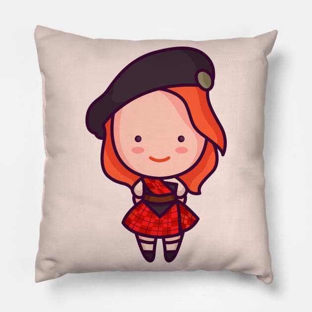 Cute Scottish Girl with Traditional Tartan Pillow by SLAG_Creative