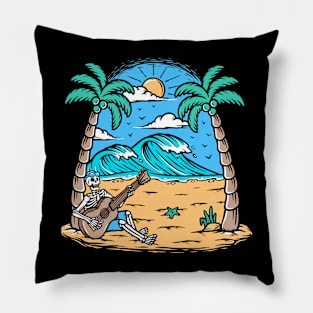 Cartoon Skeleton Playing Guitar on the Beach Pillow