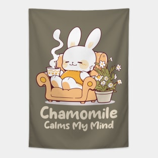 Cute Bunny Enjoying Chamomile Tea Cup. Camomile Tea Lover. US Spelling. Tapestry