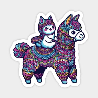 Cartoon white cat riding alpaca Magnet