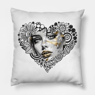 Golden Impasto Reflections: Abstract Portrait-- An artistic depiction of a striking girl's face in a close-up pencil sketch Pillow