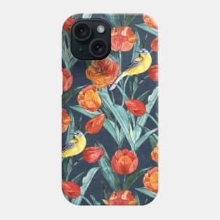 Blue Headed Wagtail in the Tulips - Indigo and Orange Phone Case