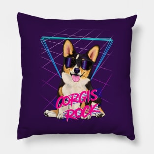 Corgis rock - Tri-color corgi with sunglasses and 80s background Pillow