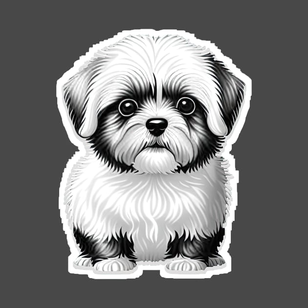 Black & White Cartoon Illustration of a Havanese Puppy by SymbioticDesign