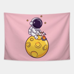 Cute Astronaut Roasting Marshmallow On Moon Cartoon Tapestry