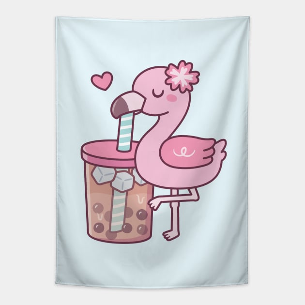 Cute Flamingo Loves Bubble Tea Tapestry by rustydoodle