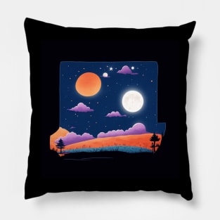 A whimsical cartoon landscape of a starry night sky with a bright full moon illuminating the landscape with in a box Pillow