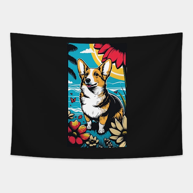 Corgi Dog Vibrant Tropical Flower Tall Retro Vintage Digital Pop Art Portrait 2 Tapestry by ArtHouseFlunky