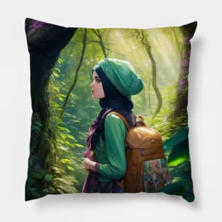 beautiful young lady Veiled in the forest hiking Pillow