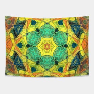 Mosaic Mandala Flower Green Yellow Orange and Blue Tapestry