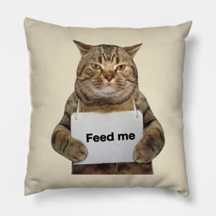 Funny fat cat with a sign to feed me Pillow