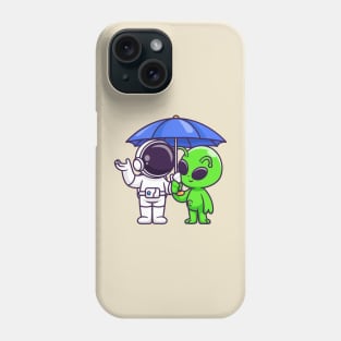 Cute Astronaut And Alien Standing Under Umbrella Cartoon Phone Case