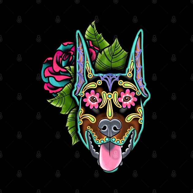 Doberman - Cropped Ear Edition - Day of the Dead Sugar Skull Dog by prettyinink