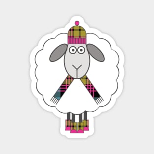 Cosy Winter Sheep With Pink, Blue and Yellow Tartan Hat, Scarf and Boots Magnet