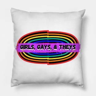 Girls, Gays, and Theys – Retro Oval Rainbow Pillow