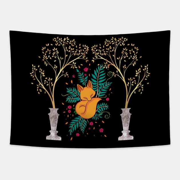 Baby fox sleeping in the mystery forest Tapestry by Color by EM