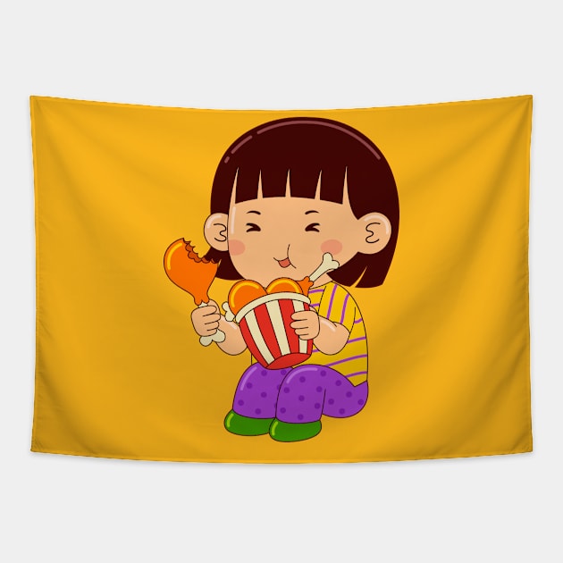 girl kids eating fried chicken Tapestry by MEDZ