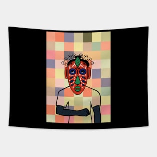 South Korea - Dark Male Character with African Mask and Pixel Background Tapestry