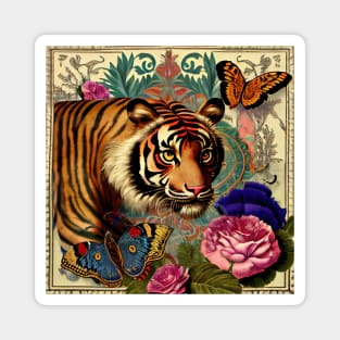 Vintage tiger, flowers and butterflies Magnet