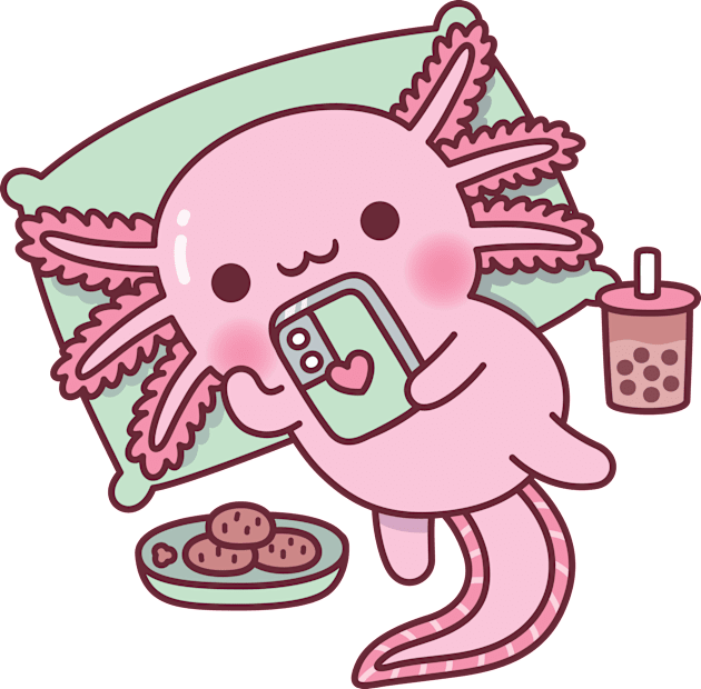 Cute Axolotl Chilling With Handphone Boba Tea And Cookies Kids T-Shirt by rustydoodle