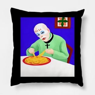 ai generated priest eating spaghetti Pillow