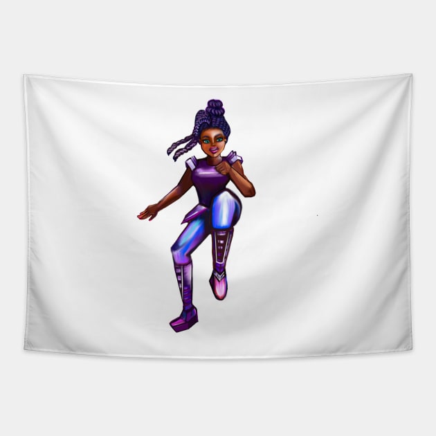 Black anime superhero green eyed girl from outer space doing a high knee kick ! beautiful  black girl with Afro hair, brown eyes, Cherry pink lips and dark brown skin. Hair love ! Tapestry by Artonmytee