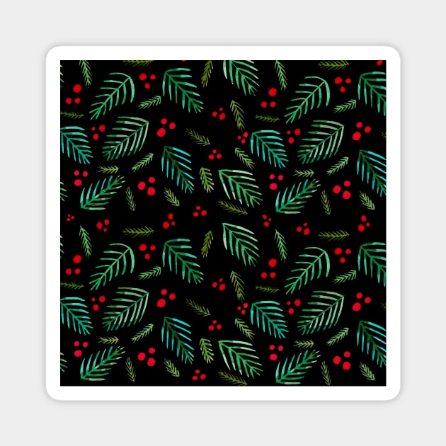 Christmas tree branches and berries - black and green Magnet by wackapacka