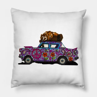 Fat old bear hibernating on hippy car Pillow