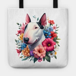 A bull terrier with beautiful colorful flowers Tote