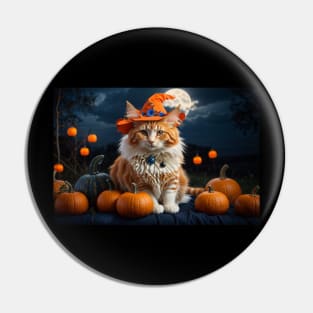 Lovely white and orange witch cat on Halloween night Pin