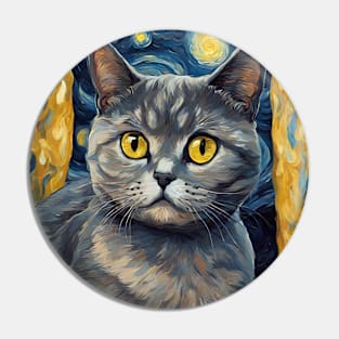 British Shorthair Cat Breed Portrait Painting in a Van Gogh Starry Night Art Style Pin