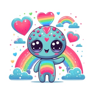 Cute alien with rainbow and hearts T-Shirt