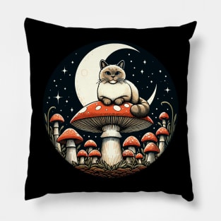 Funny Vintage White Cat in Mushroom Garden Pillow