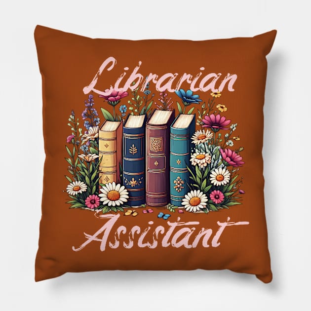 Librarian Assistant, book row design with wild flowers Pillow by Apparels2022